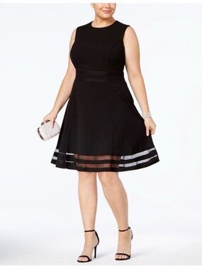 Calvin Klein Black Sleeveless Fit-and-Flare Midi Dress with Sheer Stripe Hem